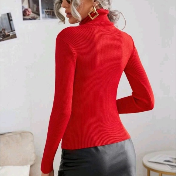 NEW Red Turtleneck Ribbed Knit Slim Fit Sweater - Picture 2 of 8